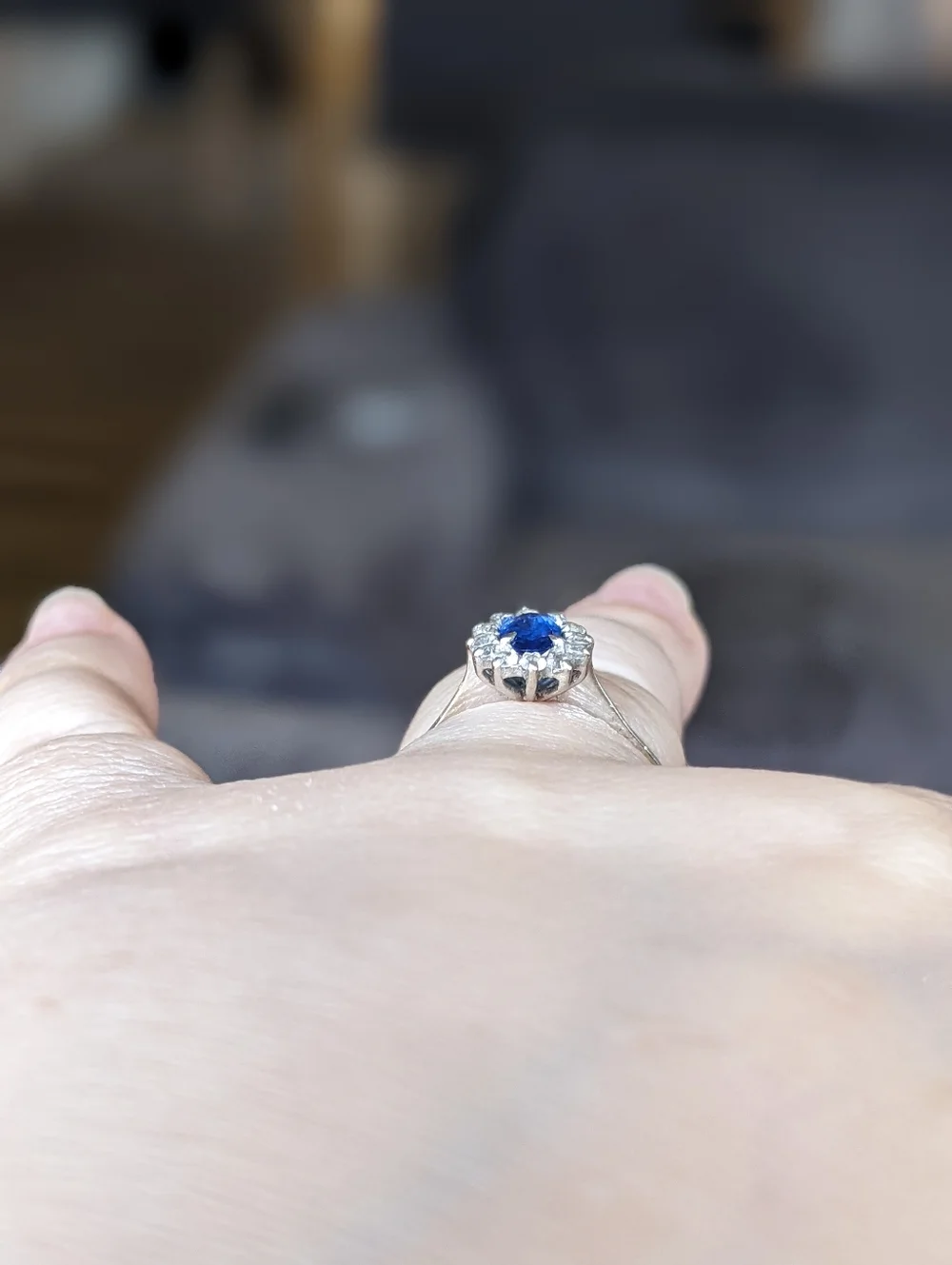 18K White Gold Blue Sapphire Ring With White Sapphire Halo - Picture 7 of 16